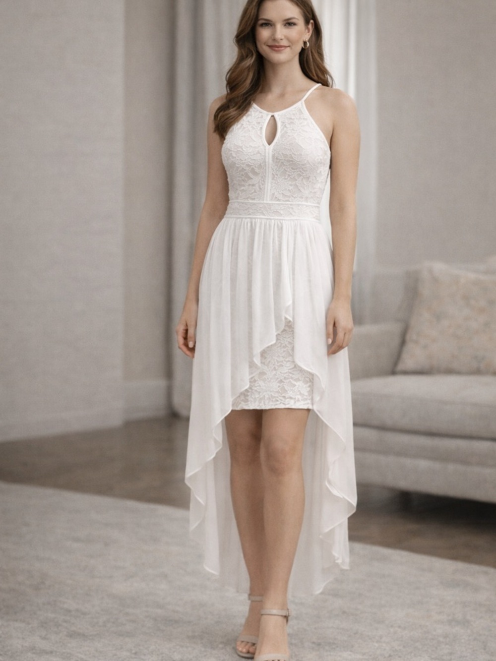 Morgan & Co. White Lace High-Low Halter Dress